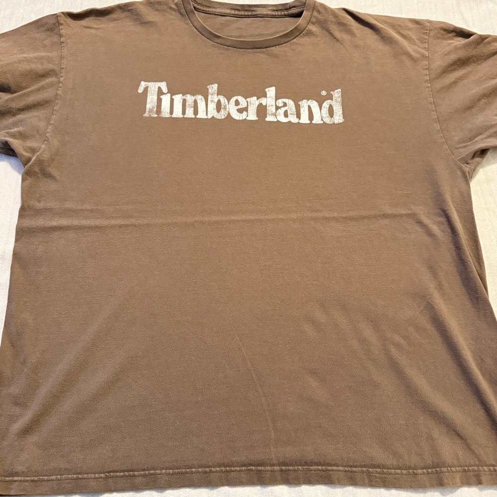Timberland Brown Graphic Logo T Shirt Men's Oversized Heavyweight Streetwear Tee